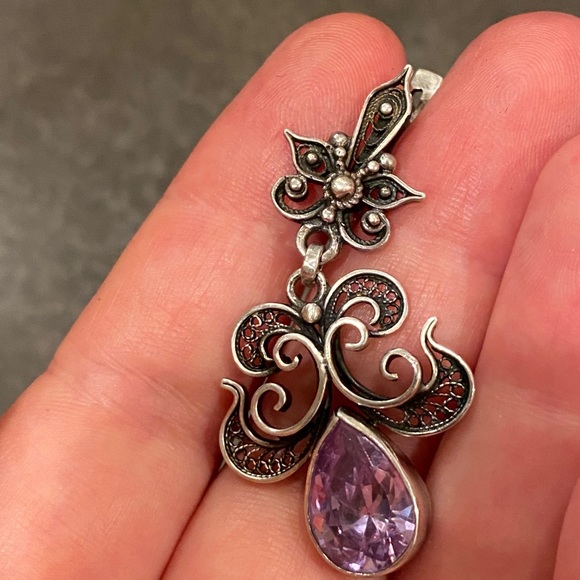 Filigree earrings 925 silver with purple stone - Picture 12 of 14
